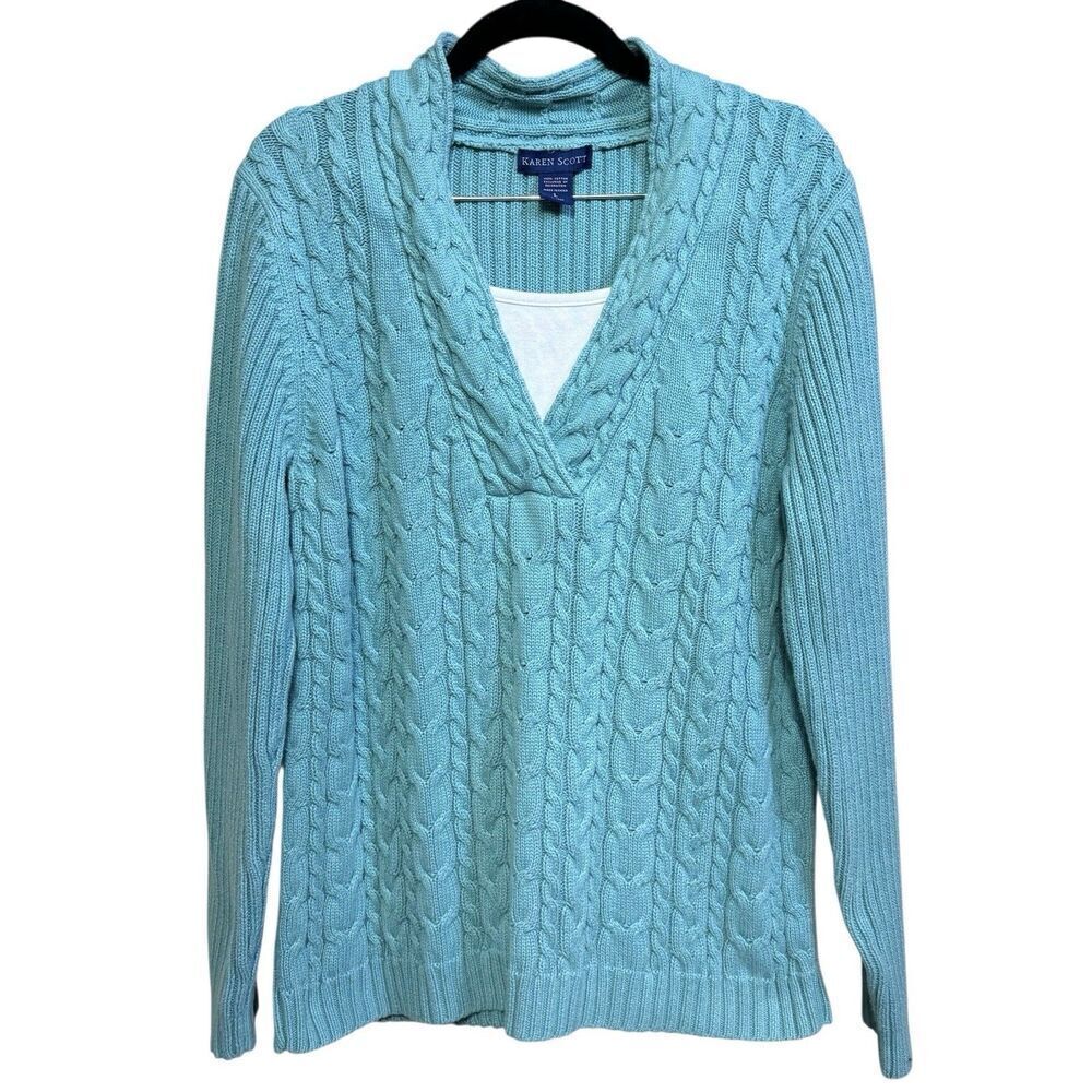 Vintage Karen Scott Chunky Cable Knit V-Neck Sweater Size L Overlay Preppy Y2K